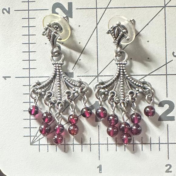 Silver tone genuine almandine garnets beads beaded dangle drop post earrings - Picture 8 of 8